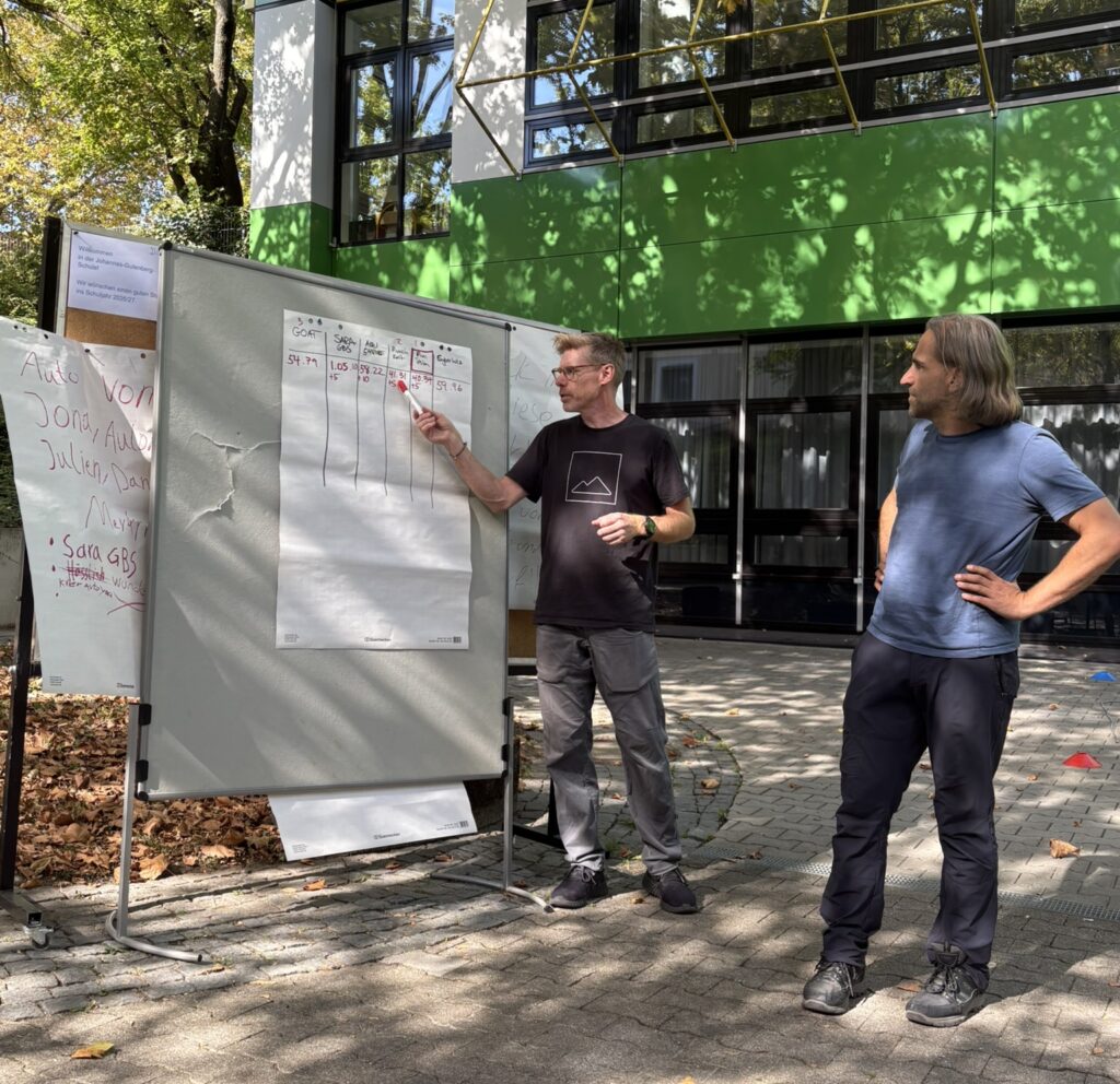 Die Übungsleiter Colin Steadman und Armin Öhler stehen vor einer Stellwand und besprechen die Ergebnisse der ersten Runde des Seifenkistenrennens.
