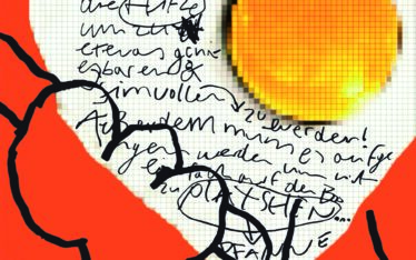 Grafische Arbeit in Orange mit einem stilisierten Spiegelei, handschriftlichen Notizen und dem Schriftzug „Frei wie ein Spiegel-Ei“.